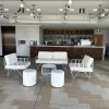 event with white wire arm chair, white wire sofa lounge, white wire coffee table and white velvet ottoman stool
